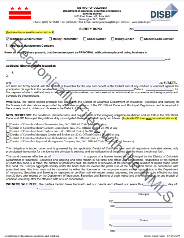 DC Mortgage Broker/Lender Bond Form