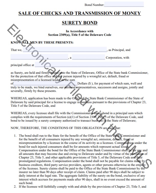 Delaware Check Seller and Money Transmitter Bond Form