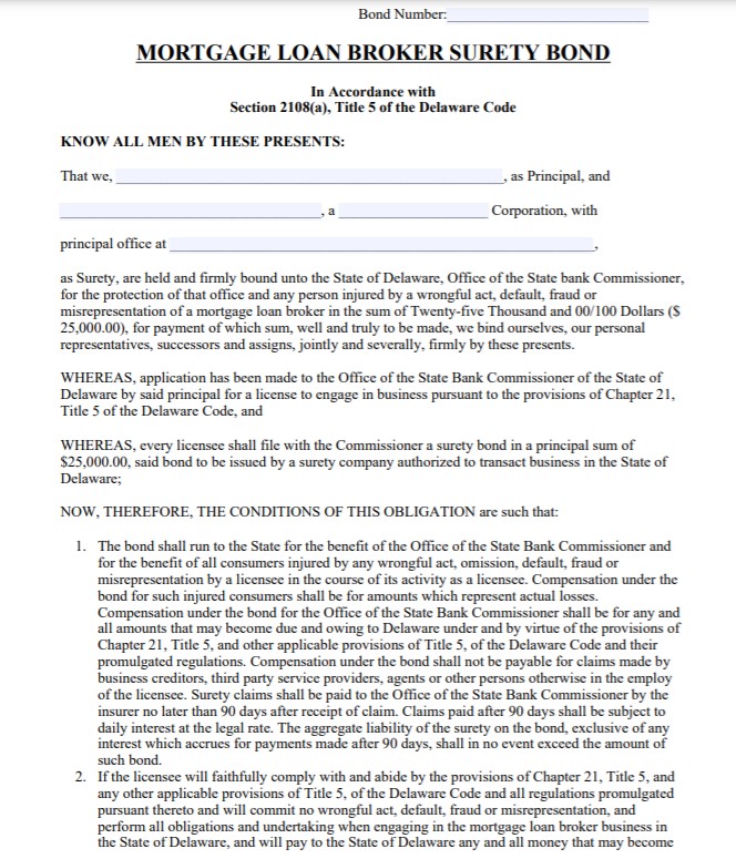 Delaware Mortgage Broker Bond Form