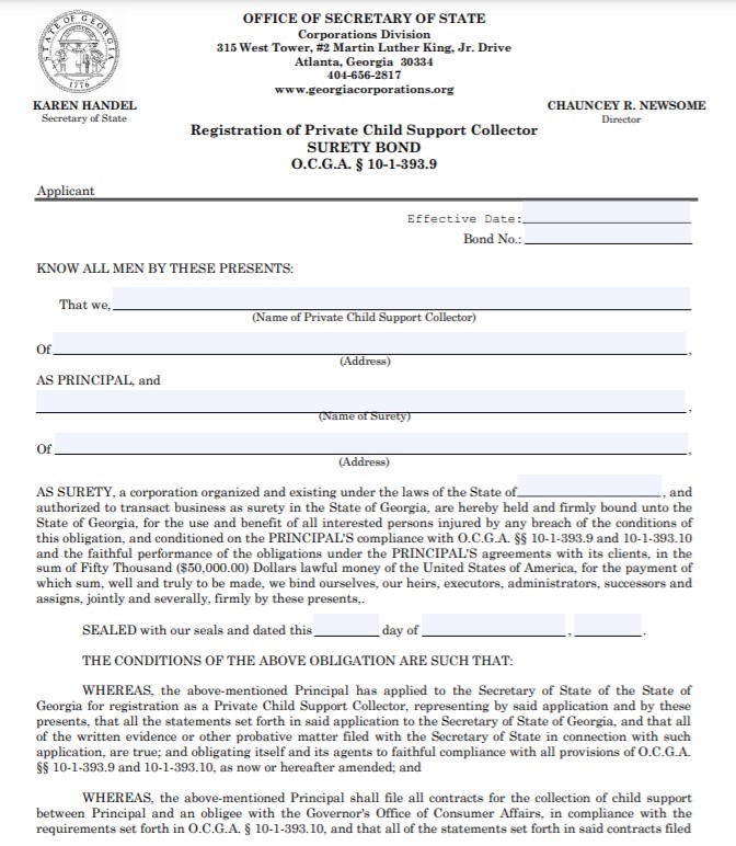 Georgia Private Child Support Collector Bond Form