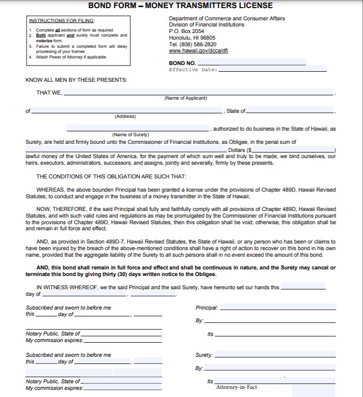 Hawaii Money Transmitter Bond Form