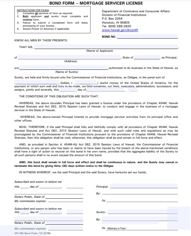 Hawaii Mortgage Servicer Bond Form