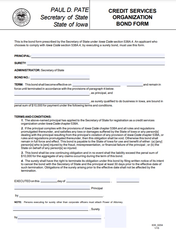 Iowa Credit Services Organization Bond