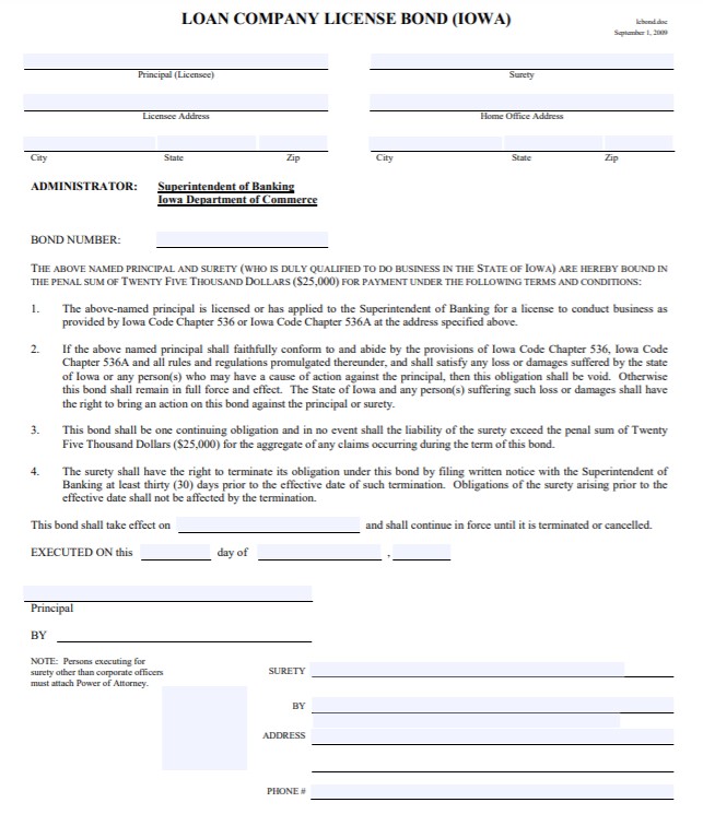 Iowa Loan Company Bond Form