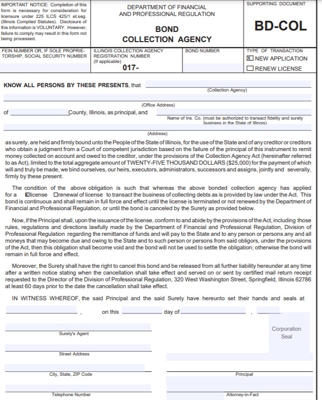 Illinois Collection Agency Bond Form