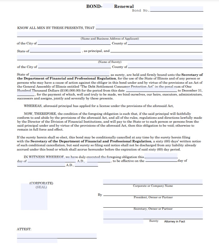 Illinois Debt Settlement Service Provider Bond Form