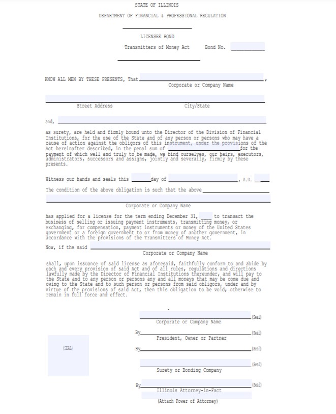 Illinois Money Transmitter Bond Form