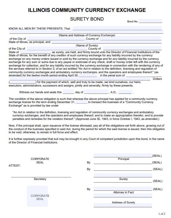 Illinois Community Currency Exchange Bond Form