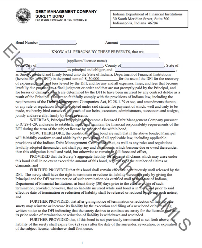 Indiana Debt Management Company Bond Form