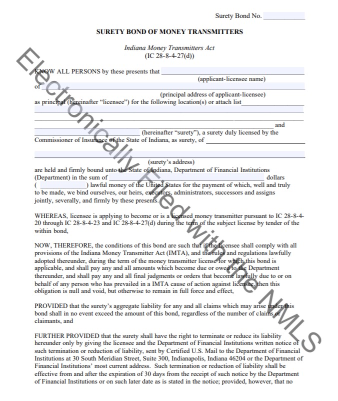 Indiana Money Transmitter Bond Form