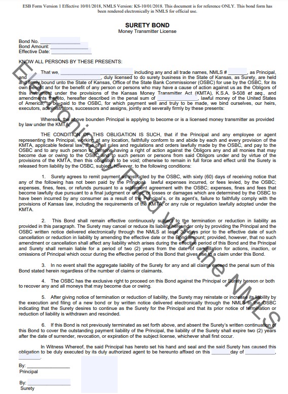 Kansas Money Transmitter Bond Form