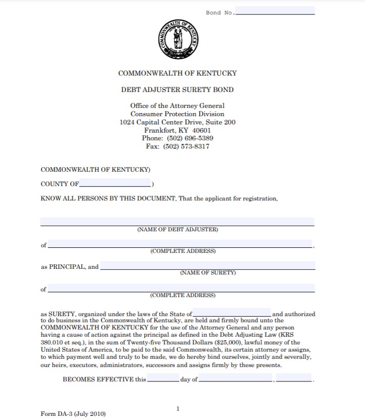 Kentucky Debt Adjuster Bond Form