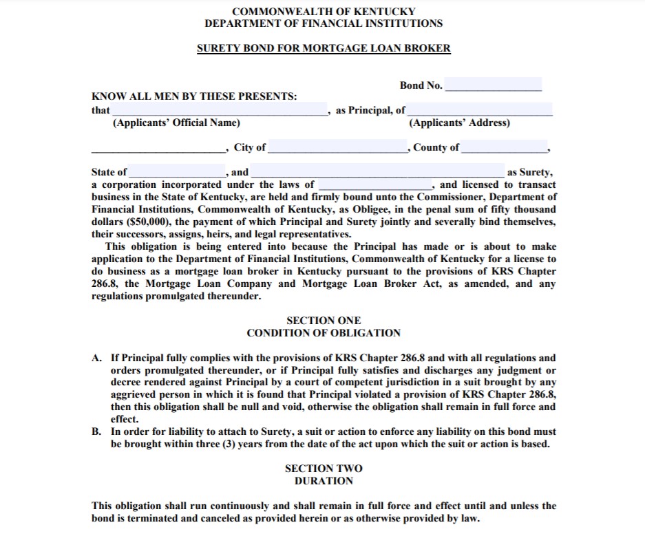 Kentucky Mortgage Broker Bond Form