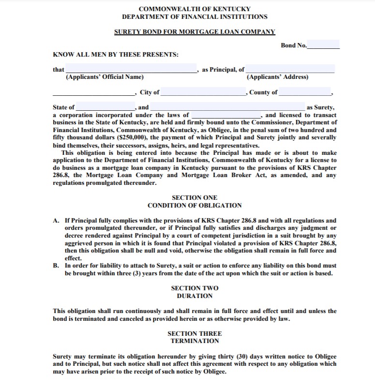 Kentucky Mortgage Company Bond Form