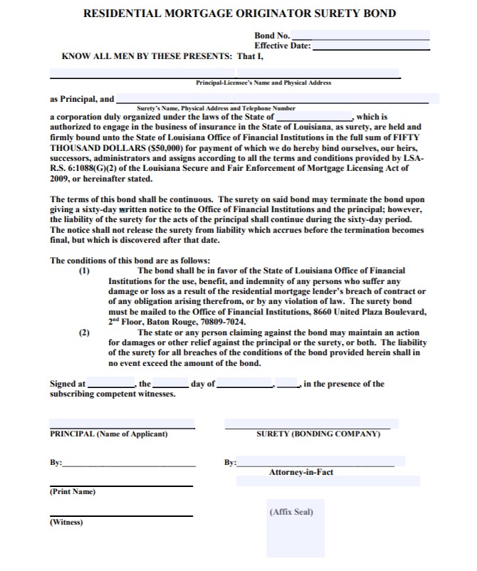 Louisiana Mortgage Loan Originator Bond Form