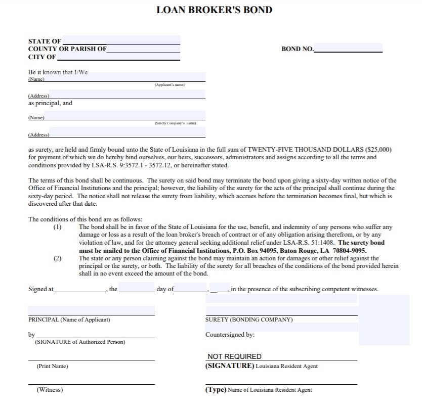 Louisiana Loan Broker Bond Form