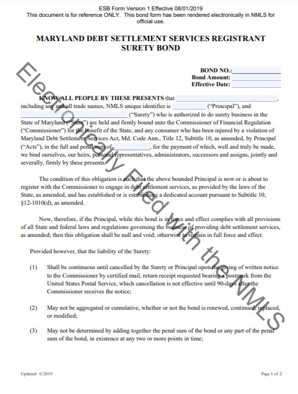 Maryland Debt Settlement Services Bond Form