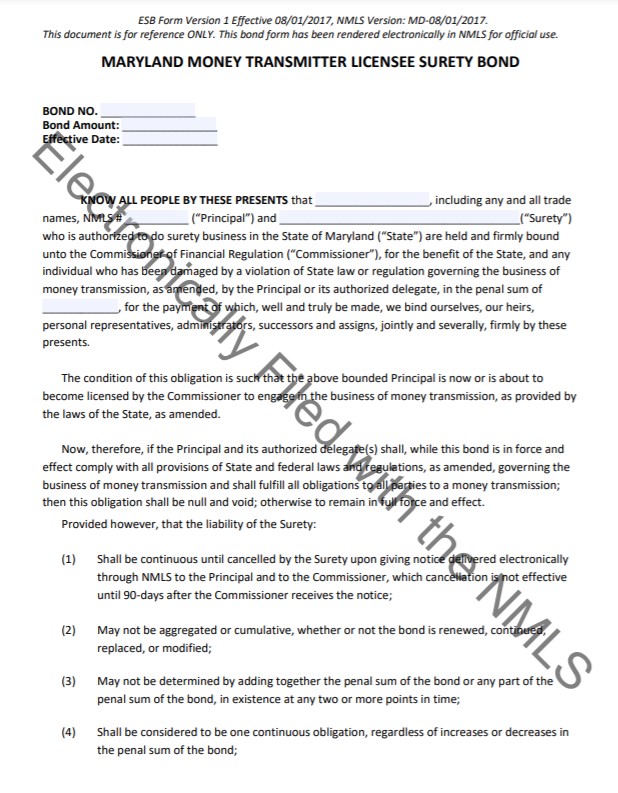 Maryland Money Transmitter Bond Form