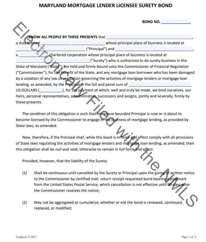 Maryland Mortgage Lender Bond Form