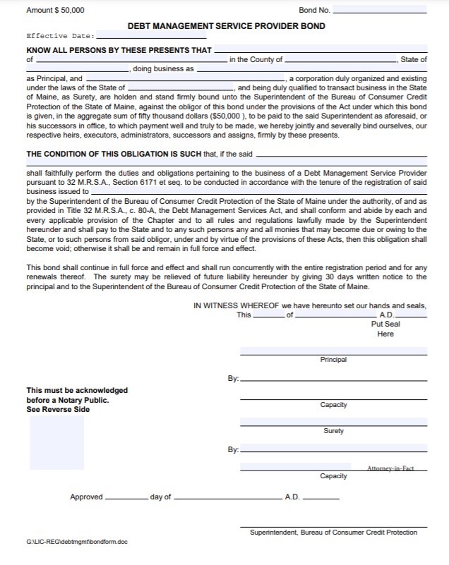 Maine Debt Management Service Provider Bond Form