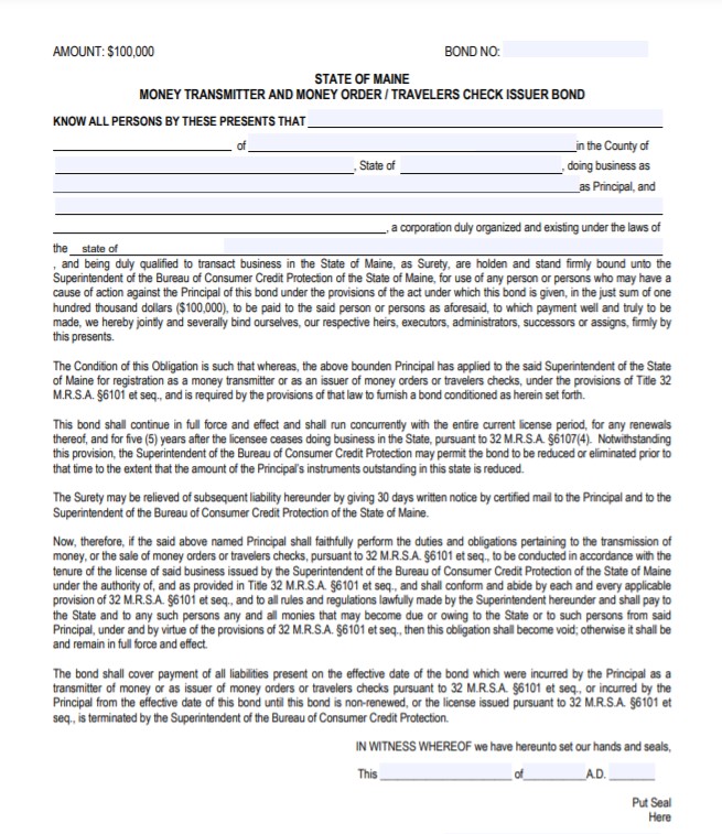 Maine Money Transmitter Bond Form