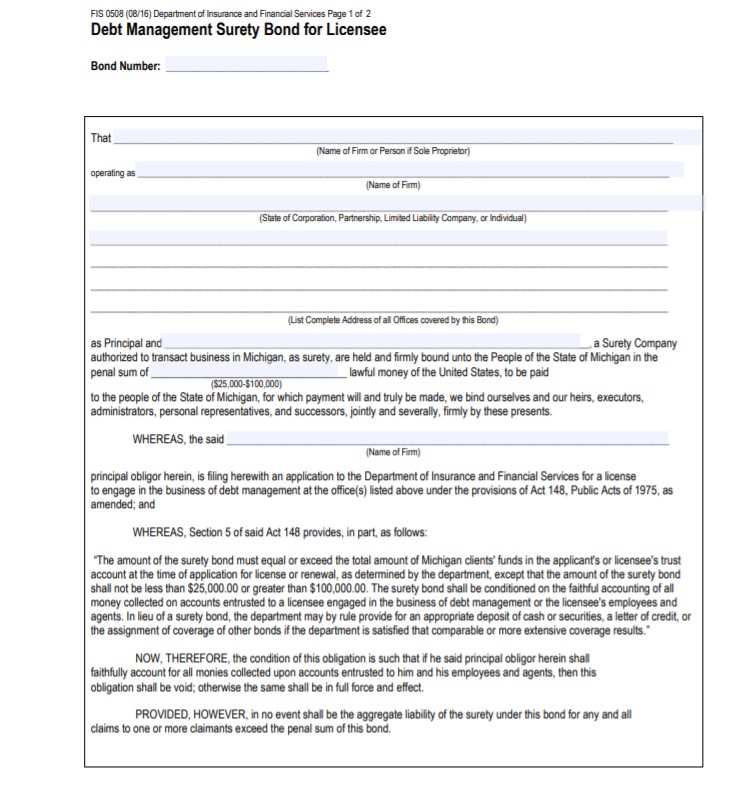 Michigan Debt Management Bond Form