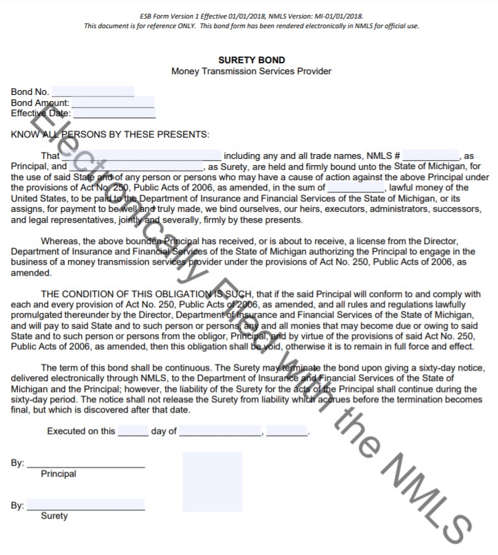 Michigan Money Transmitter Bond Form