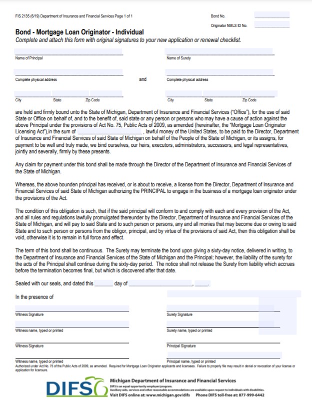 Michigan Mortgage Loan Originator Bond Form