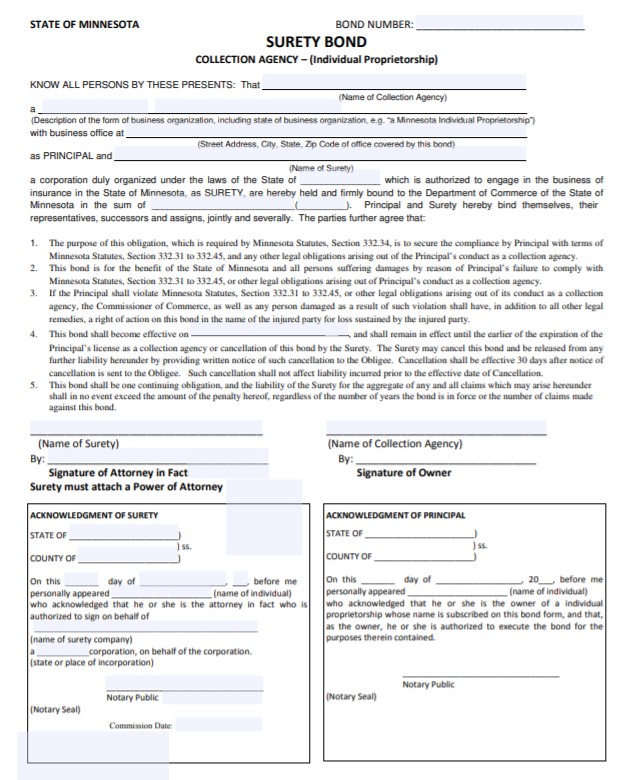 Minnesota Collection Agency Bond Form