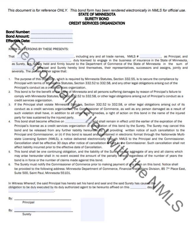 Minnesota Credit Services Organization Bond Form