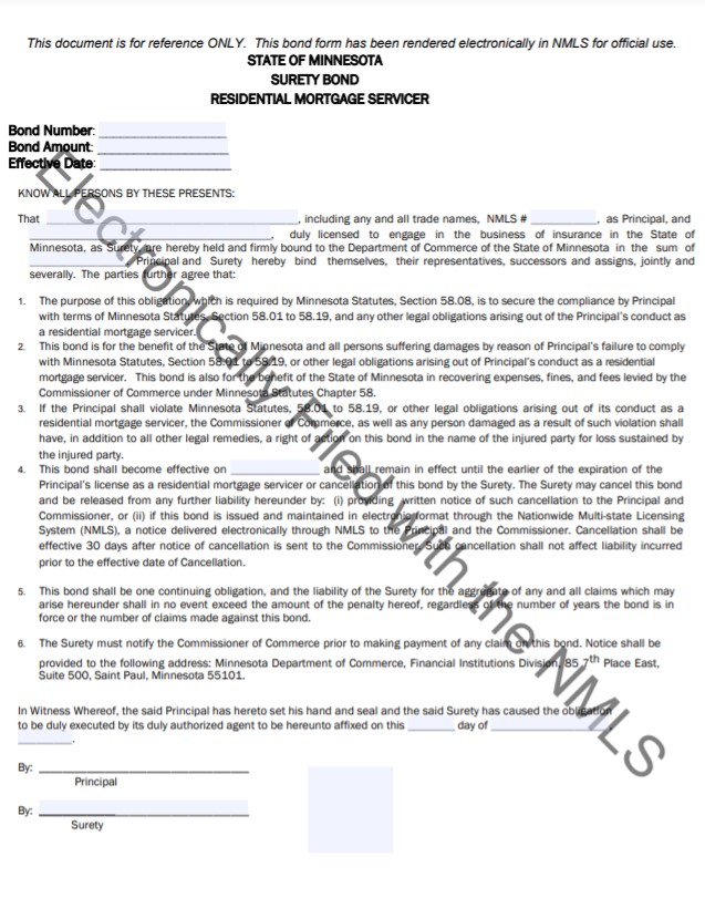 Minnesota Residential Mortgage Servicer Bond Form