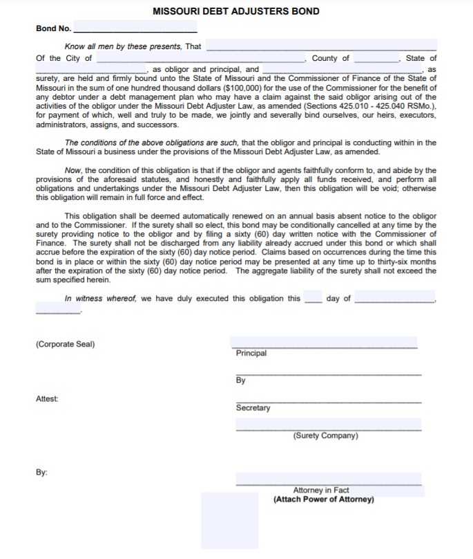 Missouri Debt Adjuster Bond Form