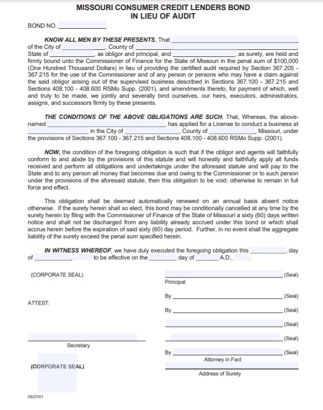 Missouri Money Order/Money Transmitter Bond Form