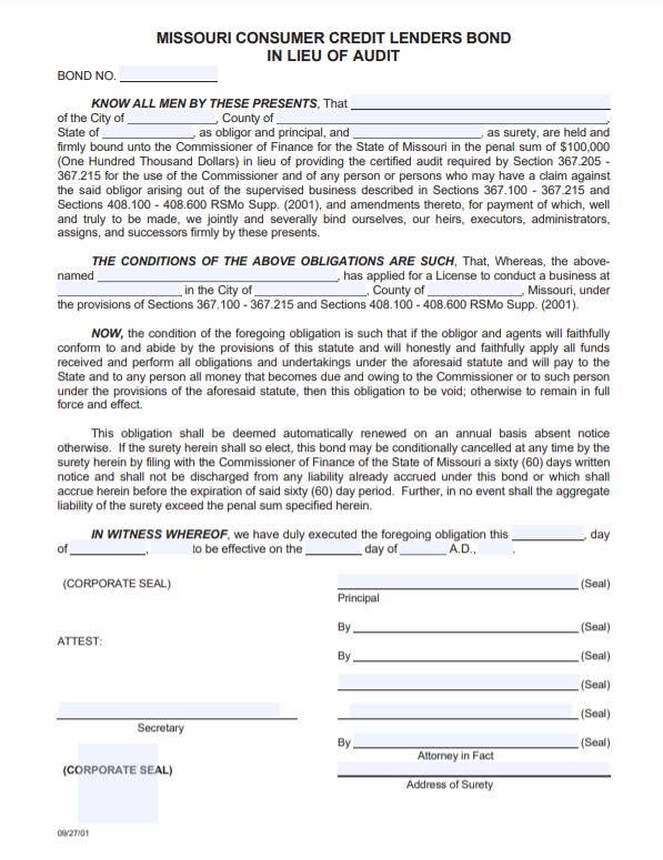 Missouri Small Loan Company Bond Form