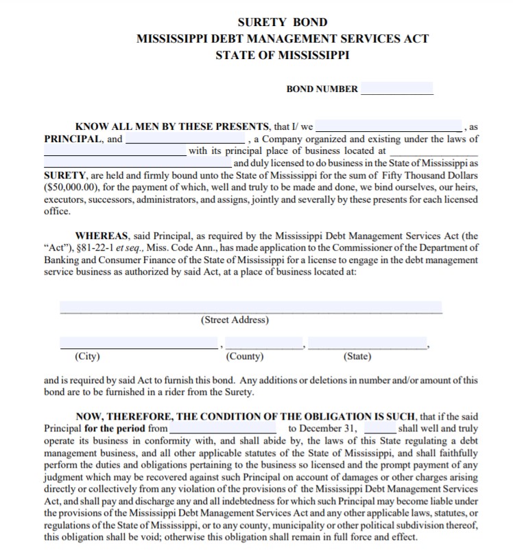 Mississippi Debt Management Services Provider Bond Form