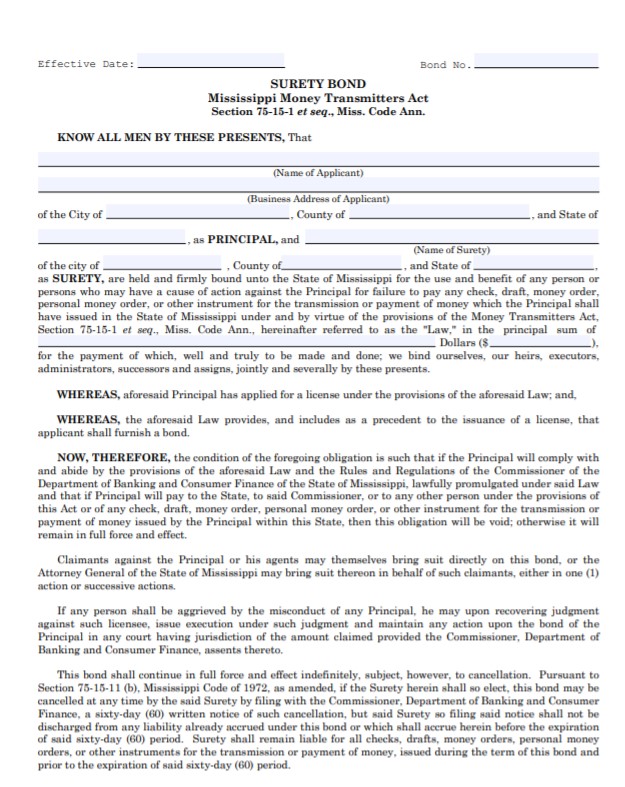 Mississippi Money Transmitter Bond Form