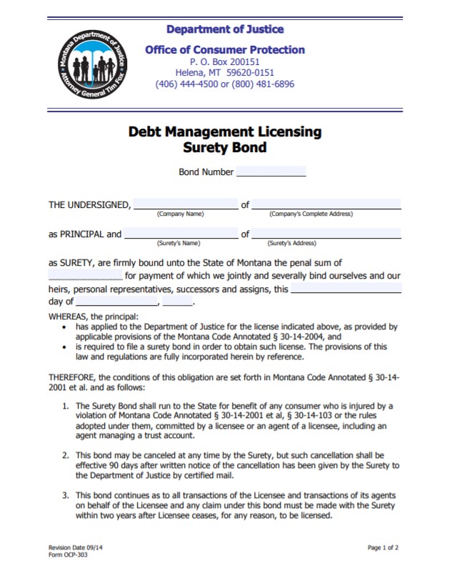 Montana Debt Management License Bond Form