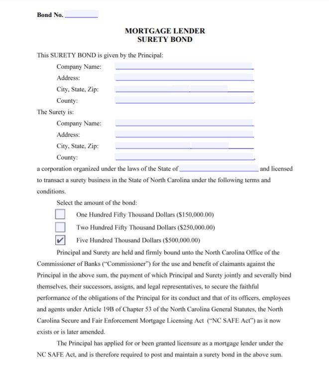 North Carolina Mortgage Lender Bond Form