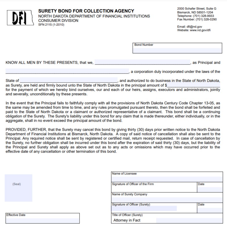 North Dakota Collection Agency Bond Form