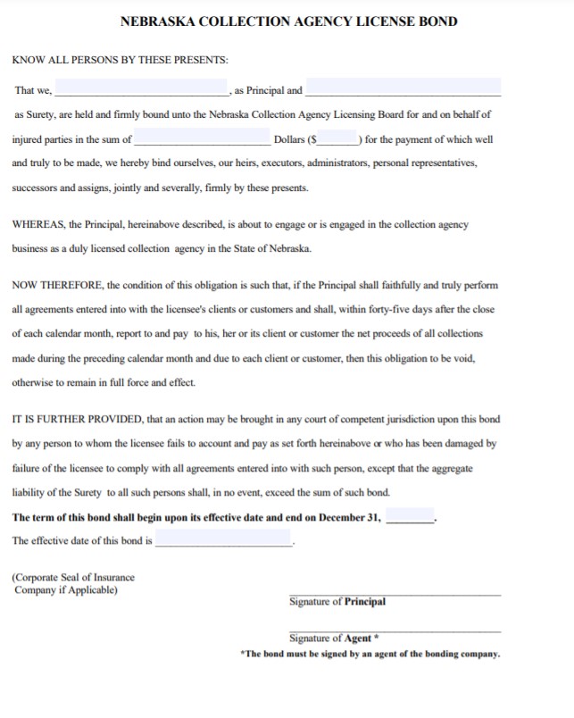 Nebraska Collection Agency Bond Form