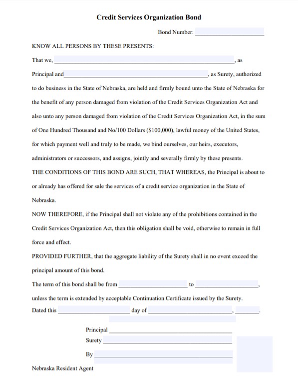 Nebraska Credit Services Organization Bond Form