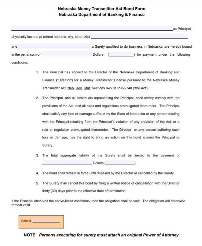 Nebraska Money Transmitter Bond Form