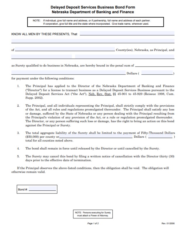 Nebraska Delayed Deposit Services Bond Form