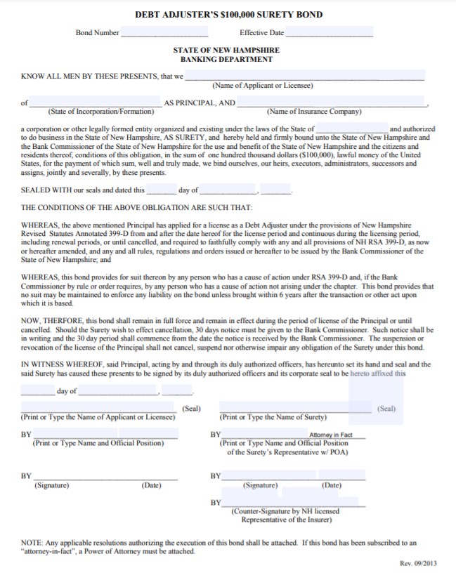 New Hampshire Debt Adjuster Bond Form