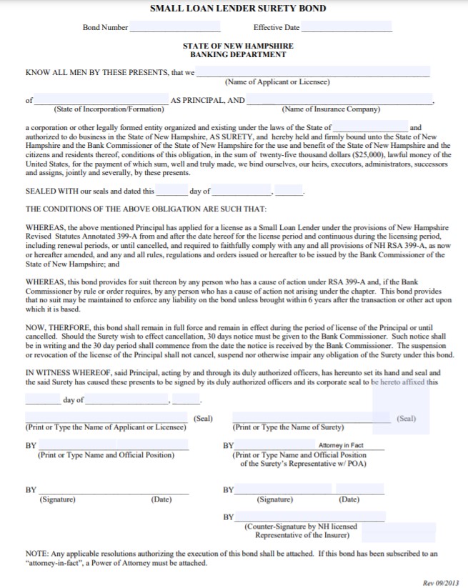 New Hampshire Small Loan Lender Bond Form