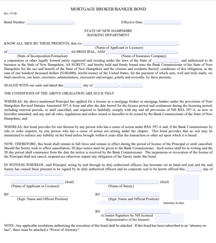 New Hampshire Mortgage Banker Bond Form