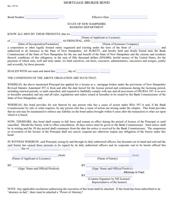 New Hampshire Mortgage Broker Bond Form