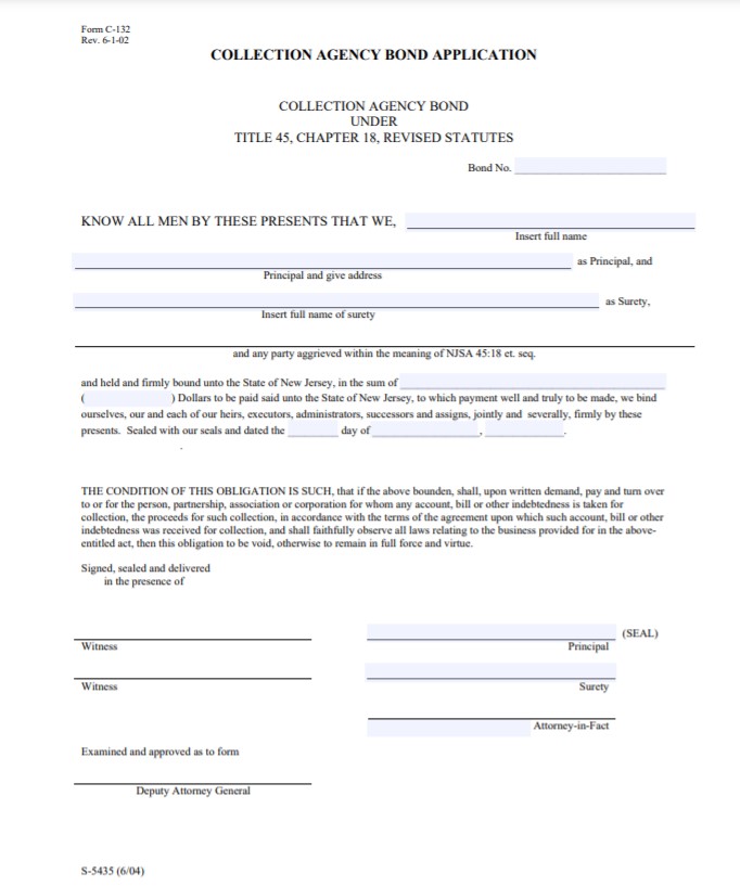 New Jersey Collection Agency Bond Form