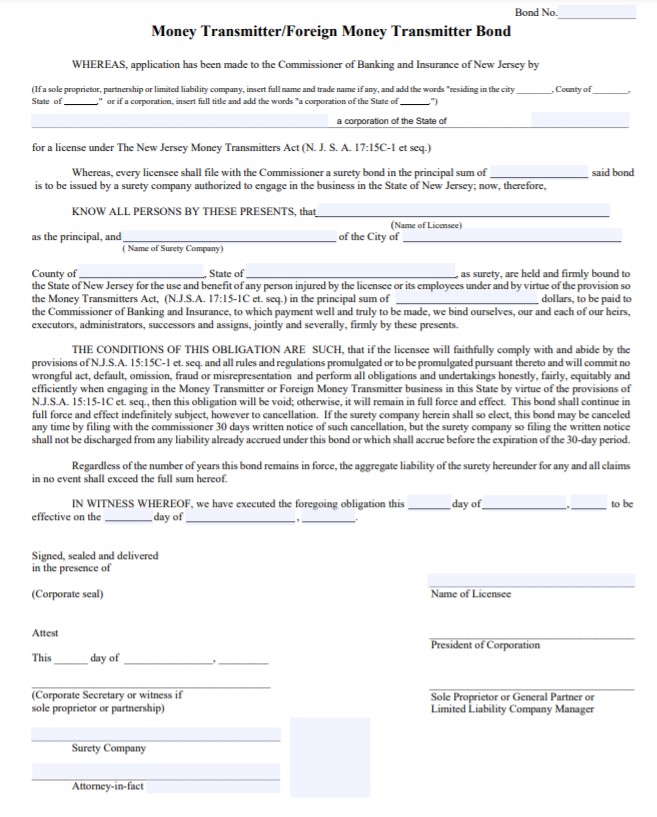 New Jersey Money Transmitter Bond Form