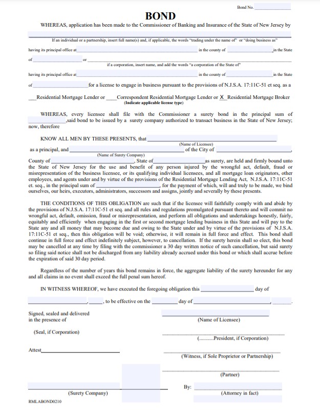 New Jersey Residential Mortgage Broker Bond Form